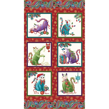 Cat-i-tude Christmas - Paisely Panel Red/Multi