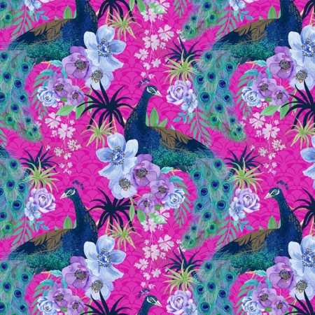 Peacock Alley by Elsie Ess - Fuchsia Peacocks with Flowers