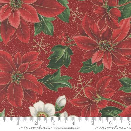 Merry Manor Metallic - Poinsettia Florals Crimson