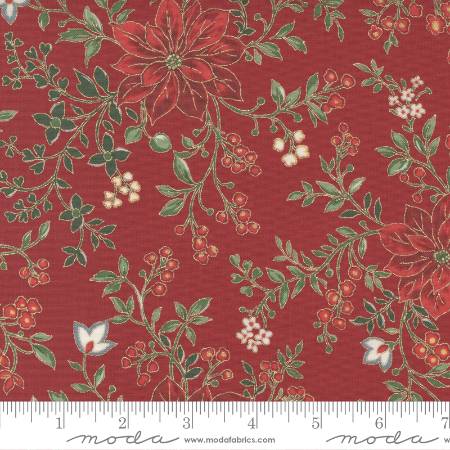 Merry Manor Metallic - Poinsettia Waltz Florals Crimson