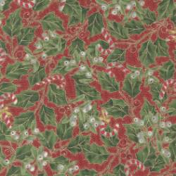 Merry Manor Metallic - Holly Christmas Leaf Candy Cane Berries Crimson - More Details
