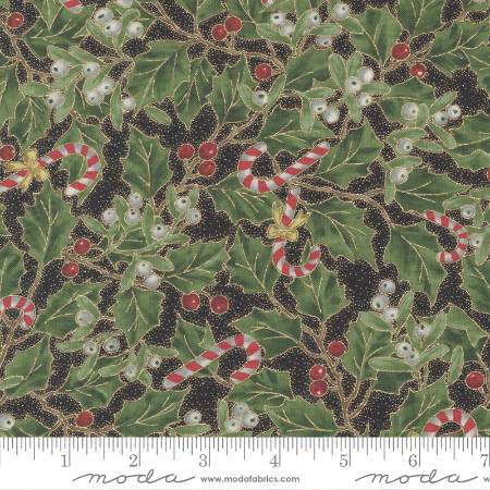 Merry Manor Metallic - Holly Christmas Leaf Candy Cane Berries Black