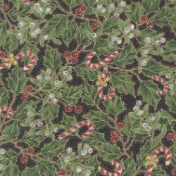 Merry Manor Metallic - Holly Christmas Leaf Candy Cane Berries Black - More Details