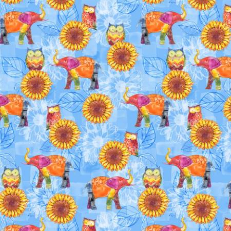 Color My World - Blue Elephants & Sunflower Allover