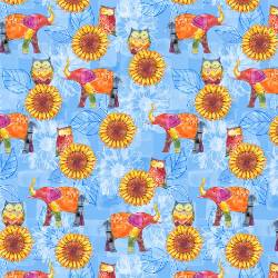 Color My World - Blue Elephants & Sunflower Allover - More Details